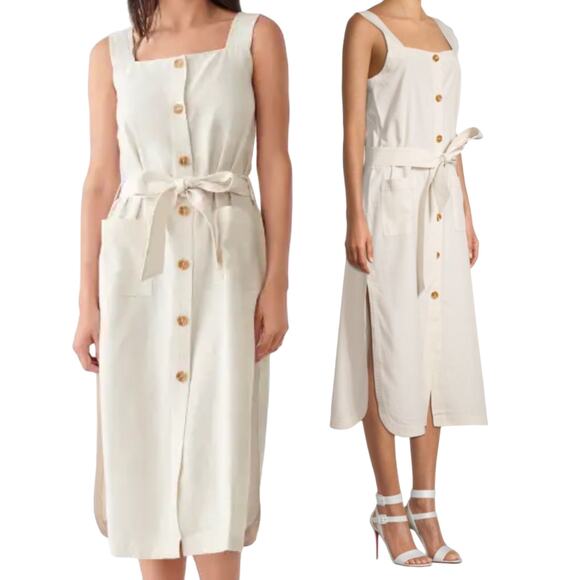 DL1961 Lexia Linen Midi Dress Tie Belted Sleeveless Button Down Cream Womens XS - Picture 1 of 11
